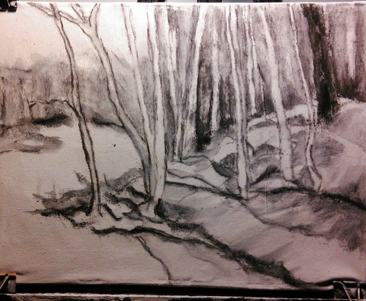 tree, path and river 02 drawing 15x11, charcoal and acrylic matte media on muslin